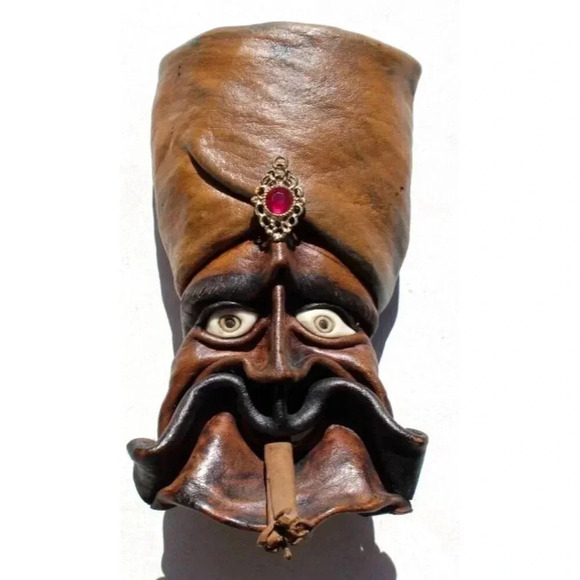Vintage Genuine Leather Gypsy Face Mask Molded Sculpture Handmade Wall Decor - Picture 1 of 3